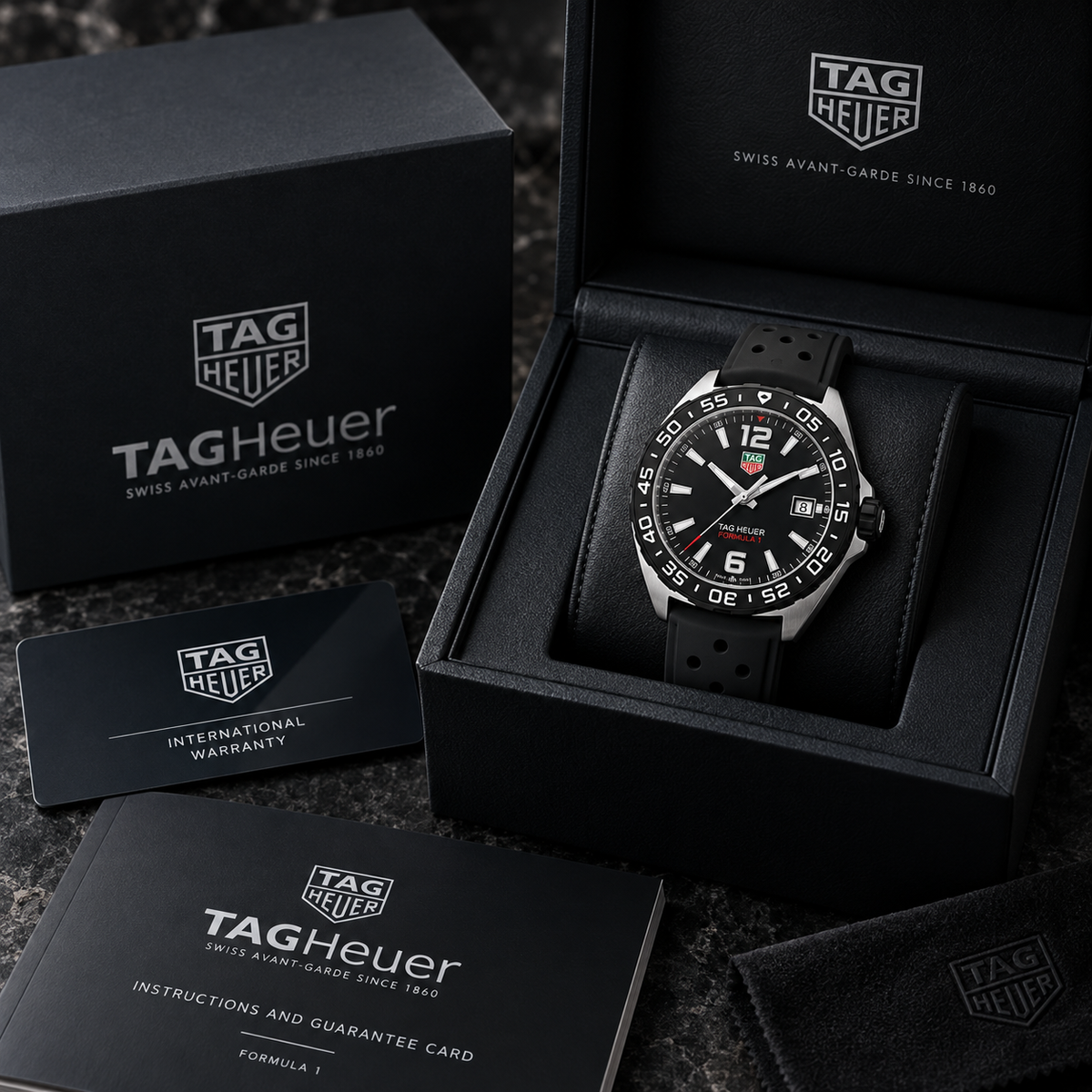 TAG Heuer Formula 1 WAZ1110.FT8023 styled presentation in a dark watch box