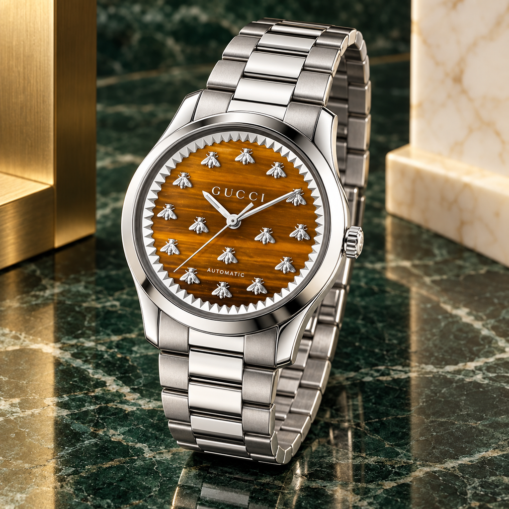 Gucci G-Timeless YA1264177 tiger-eye brown Multi-Bee watch three-quarter view