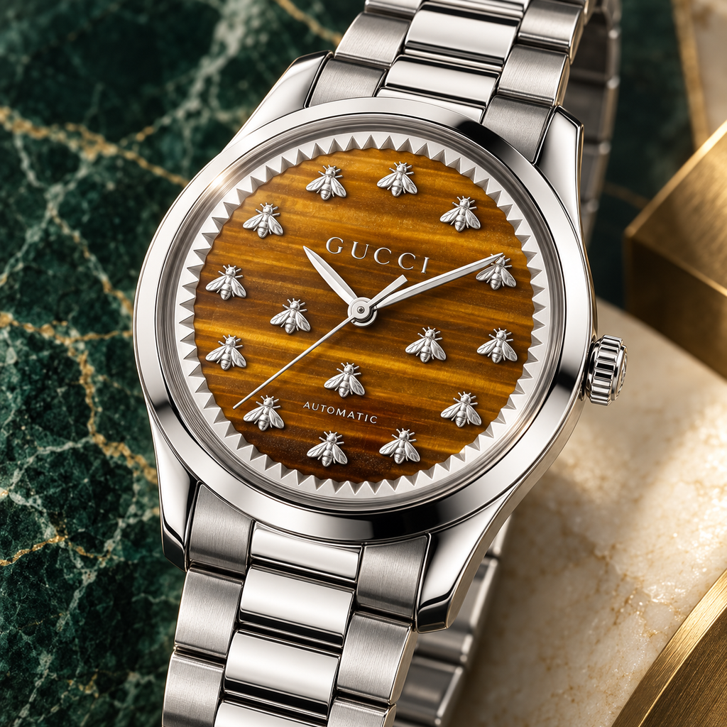Gucci G-Timeless YA1264177 tiger-eye brown Multi-Bee watch macro detail