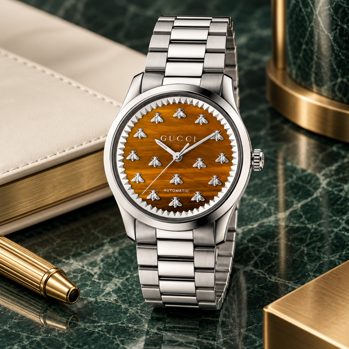 Gucci G-Timeless YA1264177 tiger-eye brown Multi-Bee watch lifestyle view