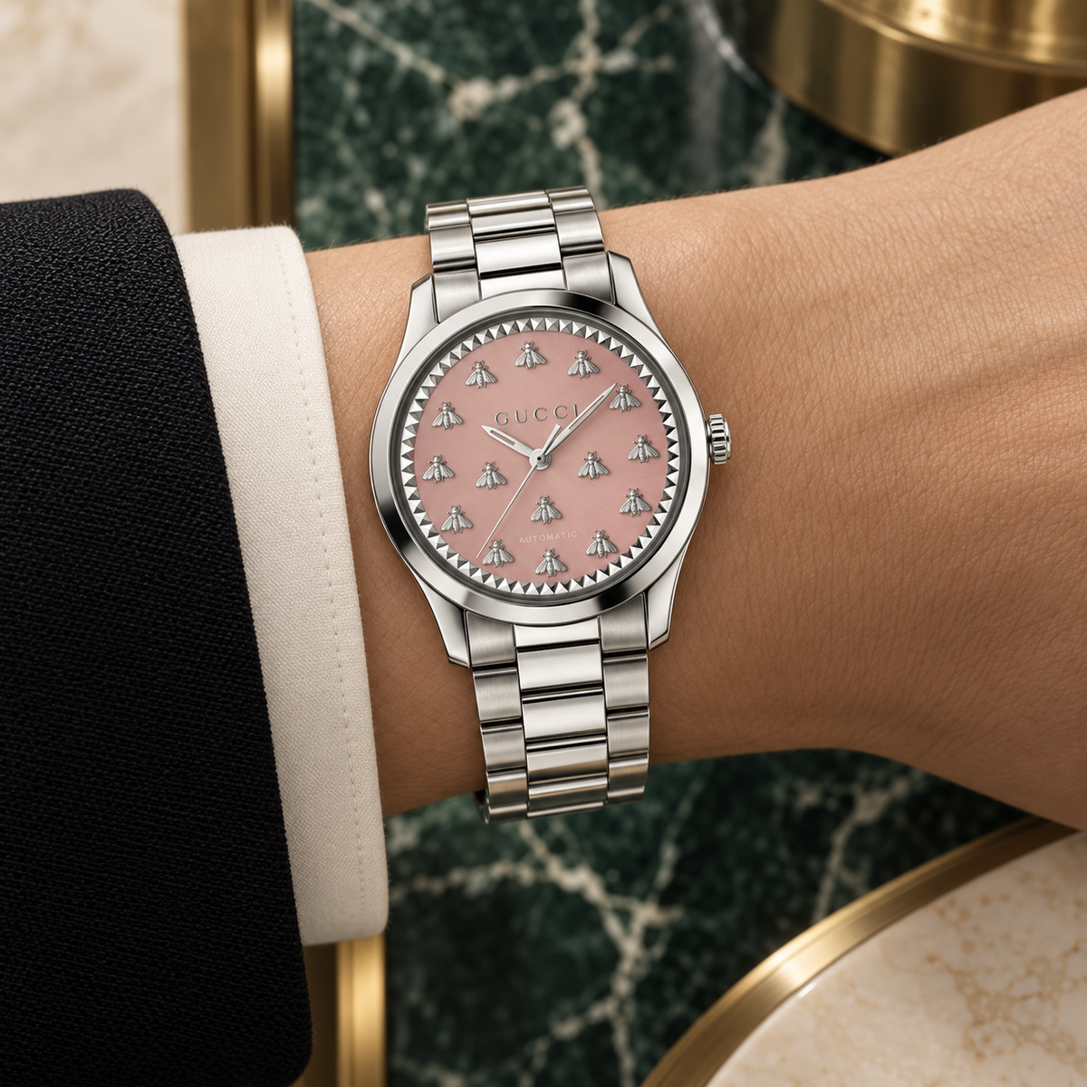 Gucci G-Timeless YA1264188 pink Multi-Bee watch on wrist