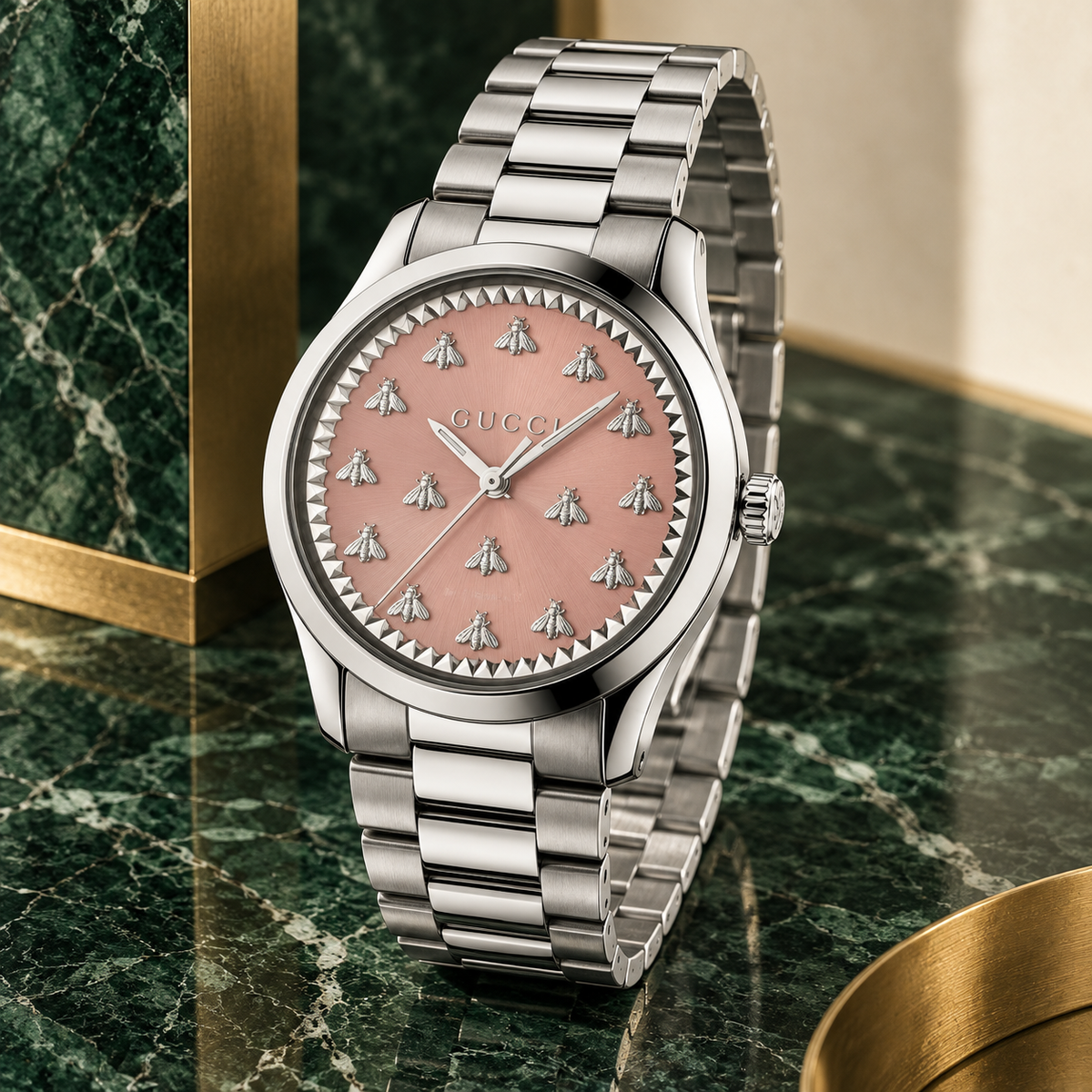 Gucci G-Timeless YA1264188 pink Multi-Bee watch three-quarter view