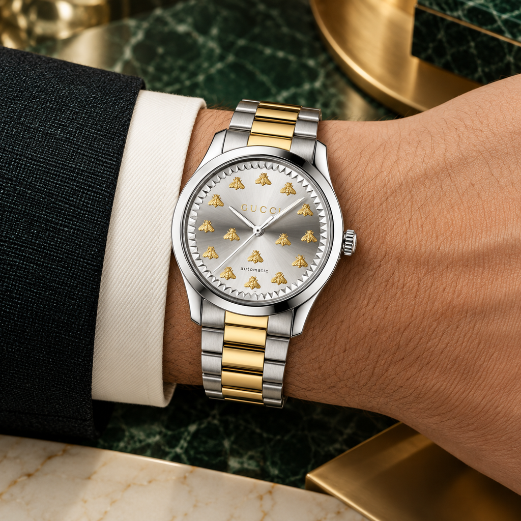 Gucci G-Timeless YA1264189 silver and 18K gold Multi-Bee watch on wrist