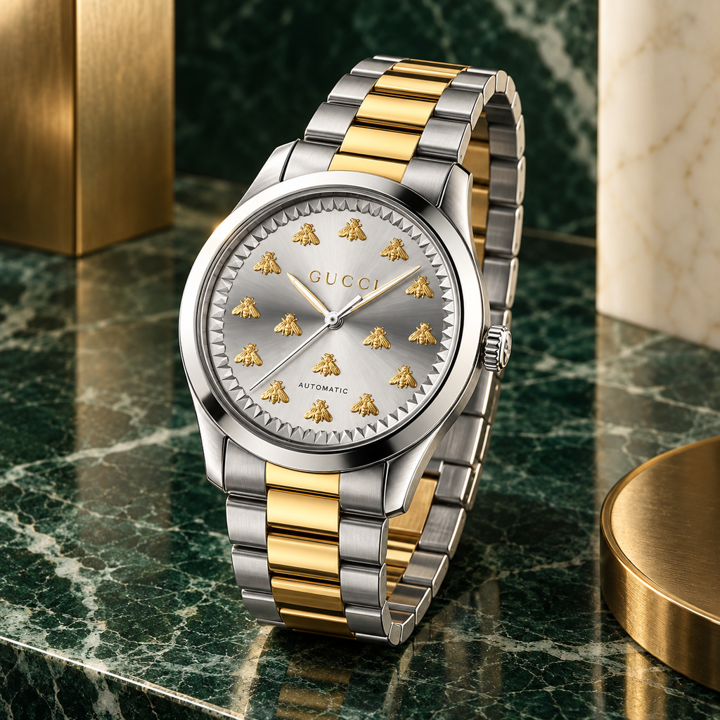 Gucci G-Timeless YA1264189 silver and 18K gold Multi-Bee watch three-quarter view