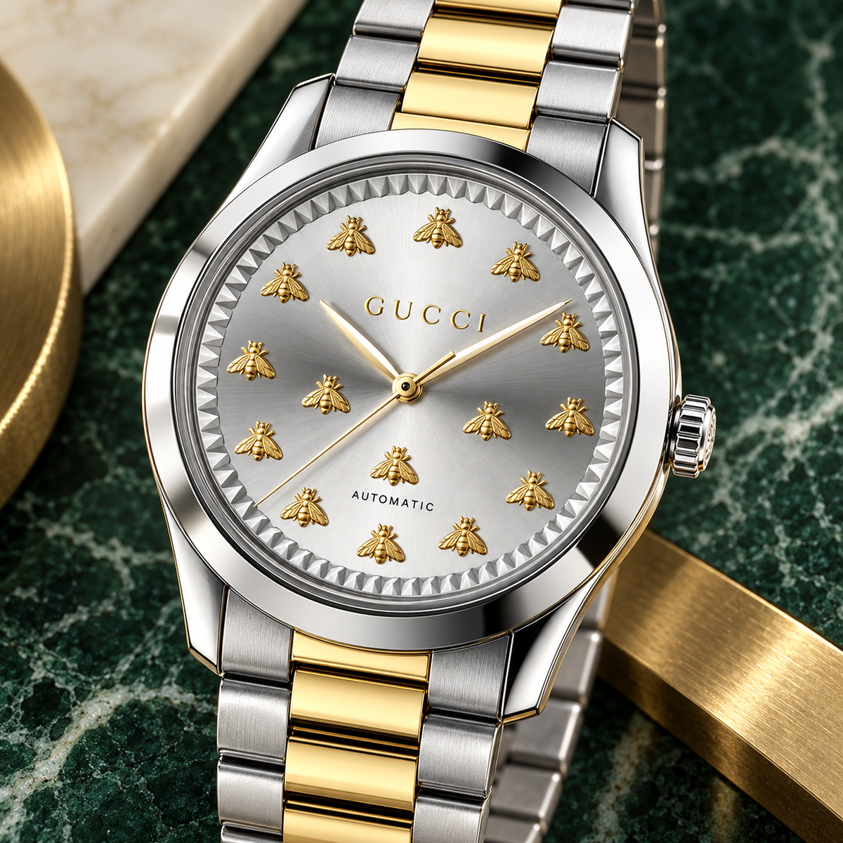 Gucci G-Timeless YA1264189 silver and 18K gold Multi-Bee watch macro detail