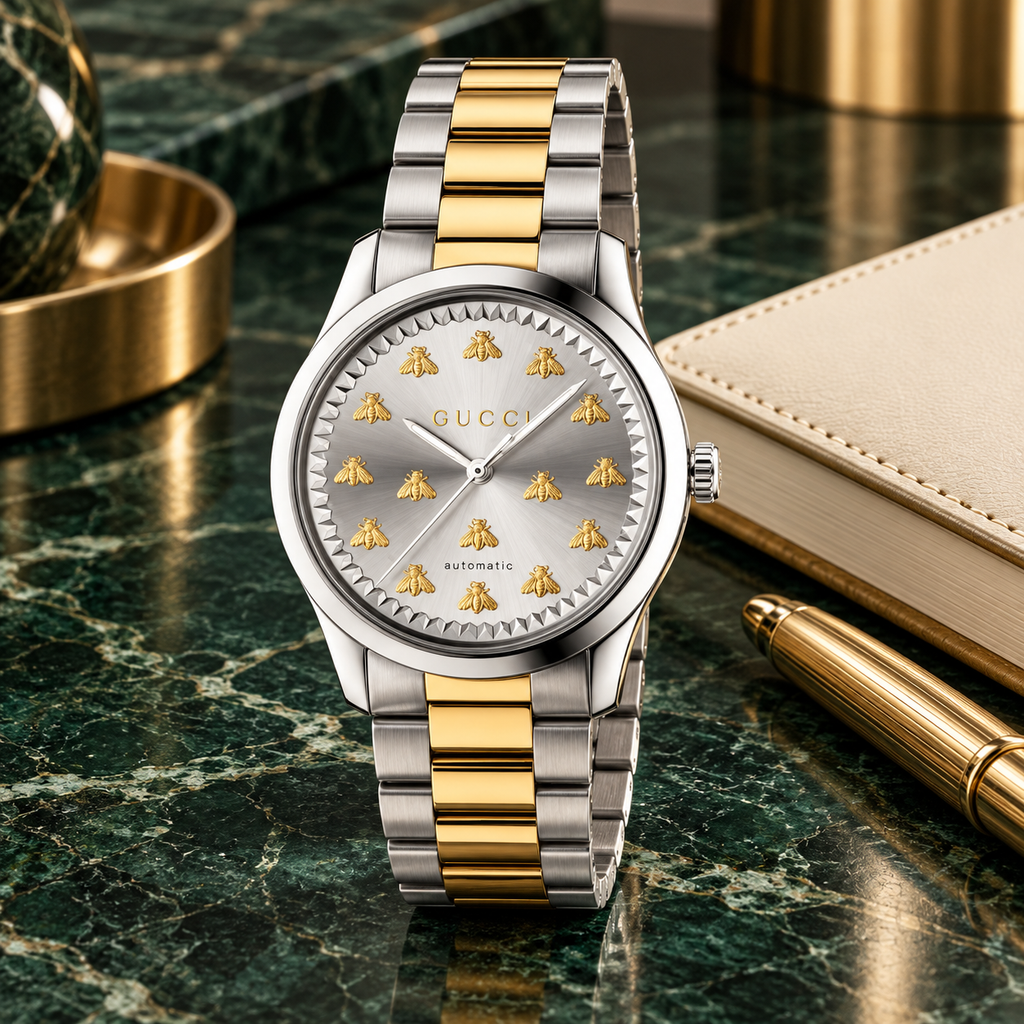 Gucci G-Timeless YA1264189 silver and 18K gold Multi-Bee watch lifestyle view
