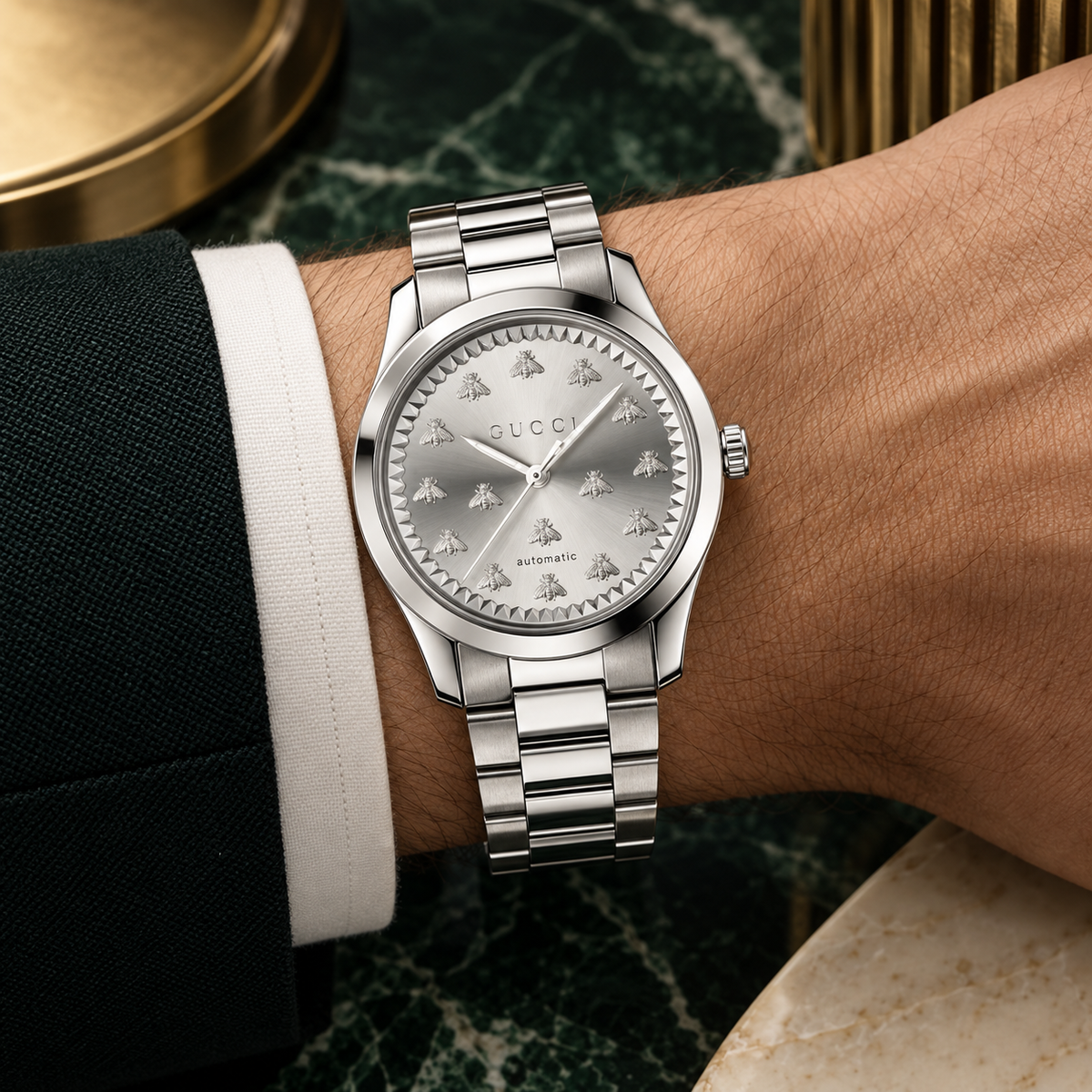 Gucci G-Timeless YA1264190 silver Multi-Bee watch on wrist