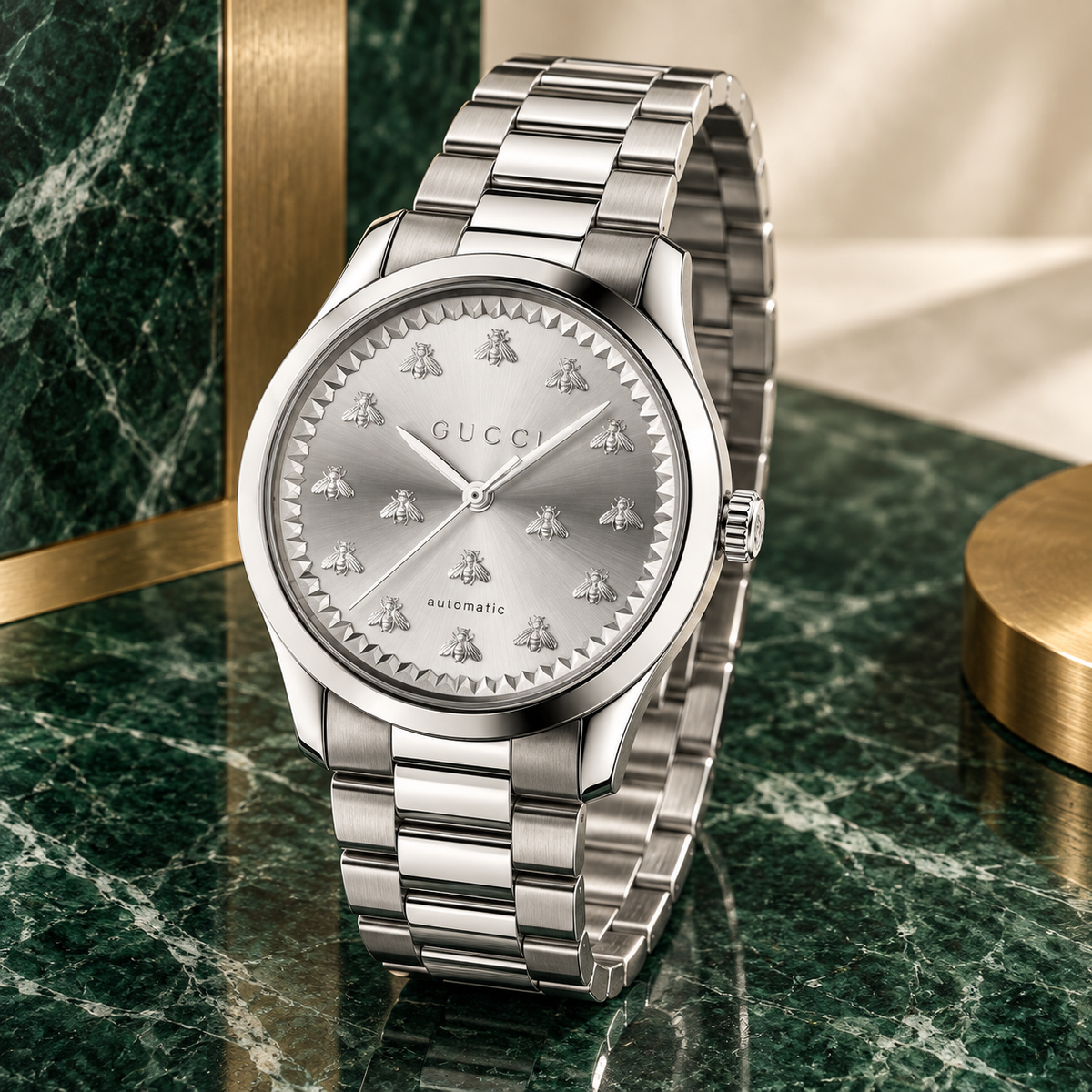 Gucci G-Timeless YA1264190 silver Multi-Bee watch three-quarter view