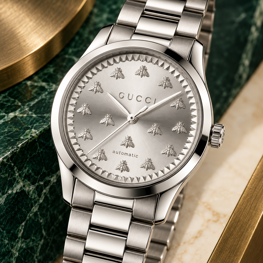 Gucci G-Timeless YA1264190 silver Multi-Bee watch macro detail