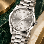 Gucci G-Timeless YA1264190 silver Multi-Bee watch macro detail
