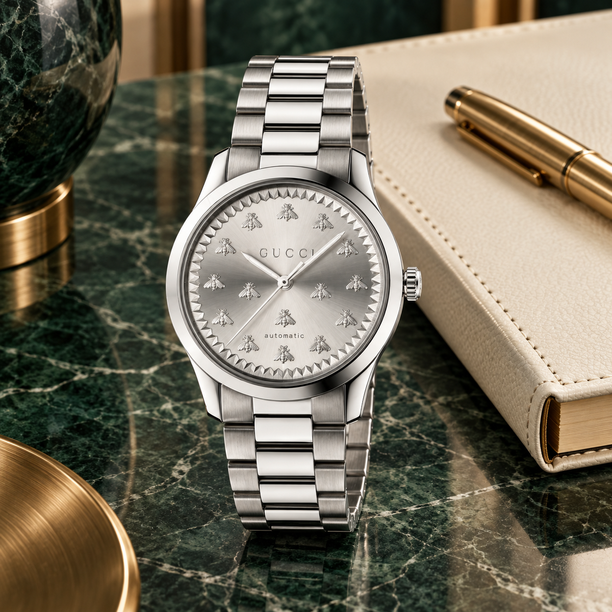 Gucci G-Timeless YA1264190 silver Multi-Bee watch lifestyle view