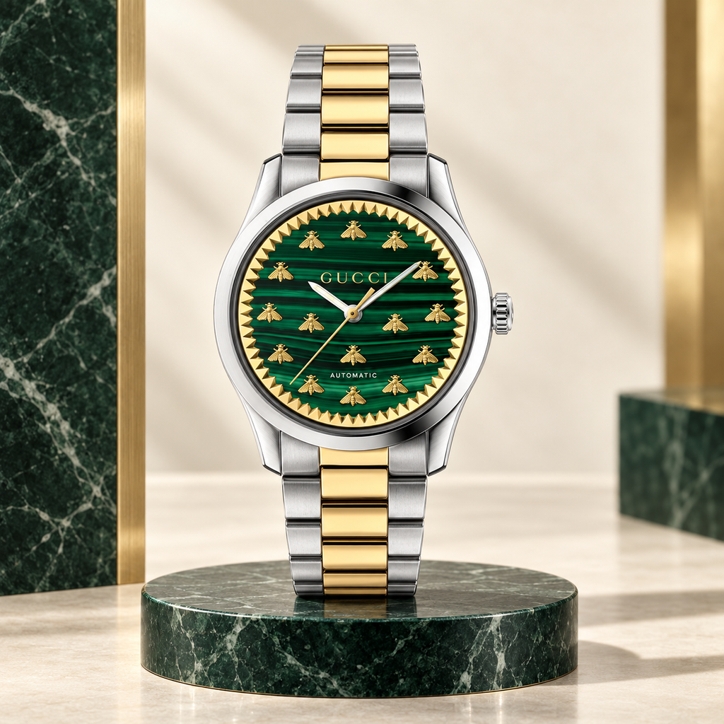 Gucci G-Timeless YA1264212 green malachite and 18K gold Multi-Bee watch on wrist