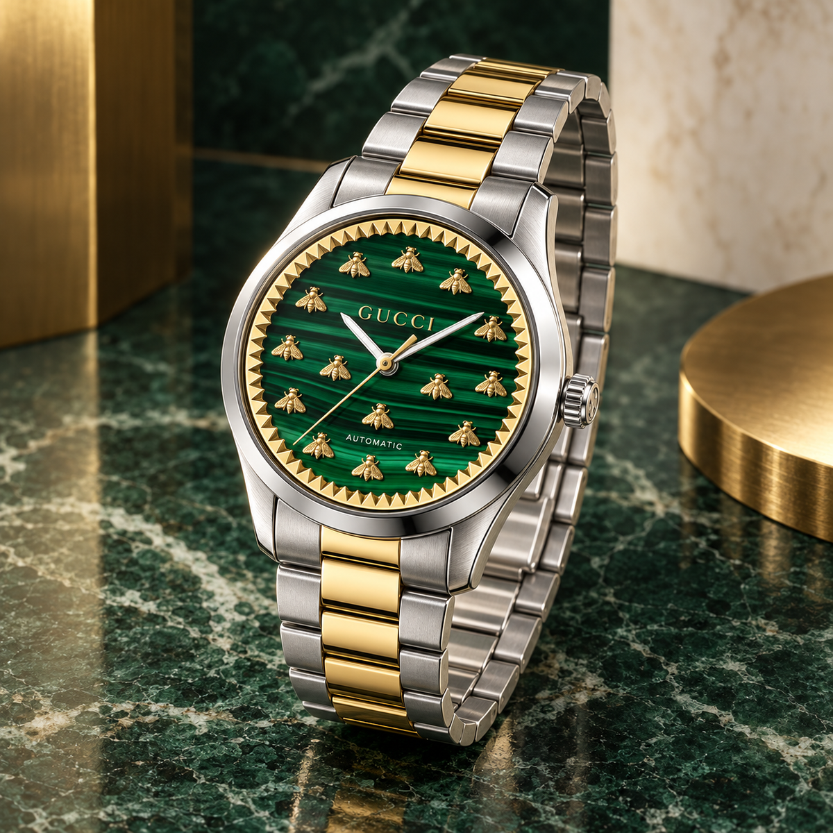Gucci G-Timeless YA1264212 green malachite and 18K gold Multi-Bee watch hero view