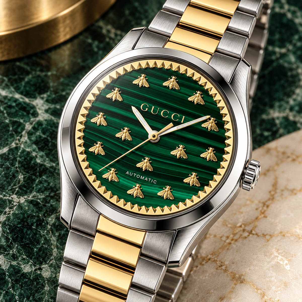 Gucci G-Timeless YA1264212 green malachite and 18K gold Multi-Bee watch three-quarter view
