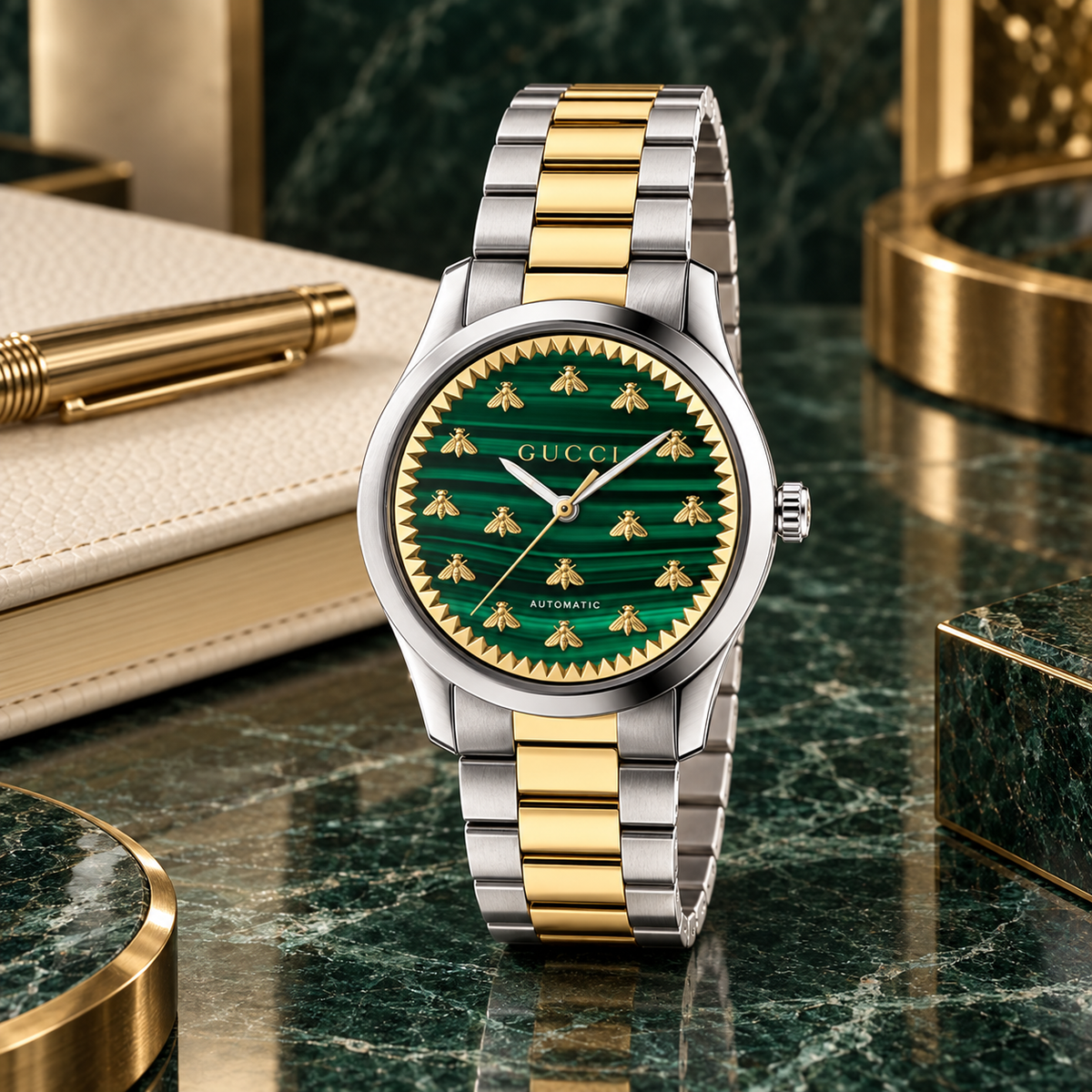 Gucci G-Timeless YA1264212 green malachite and 18K gold Multi-Bee watch macro detail
