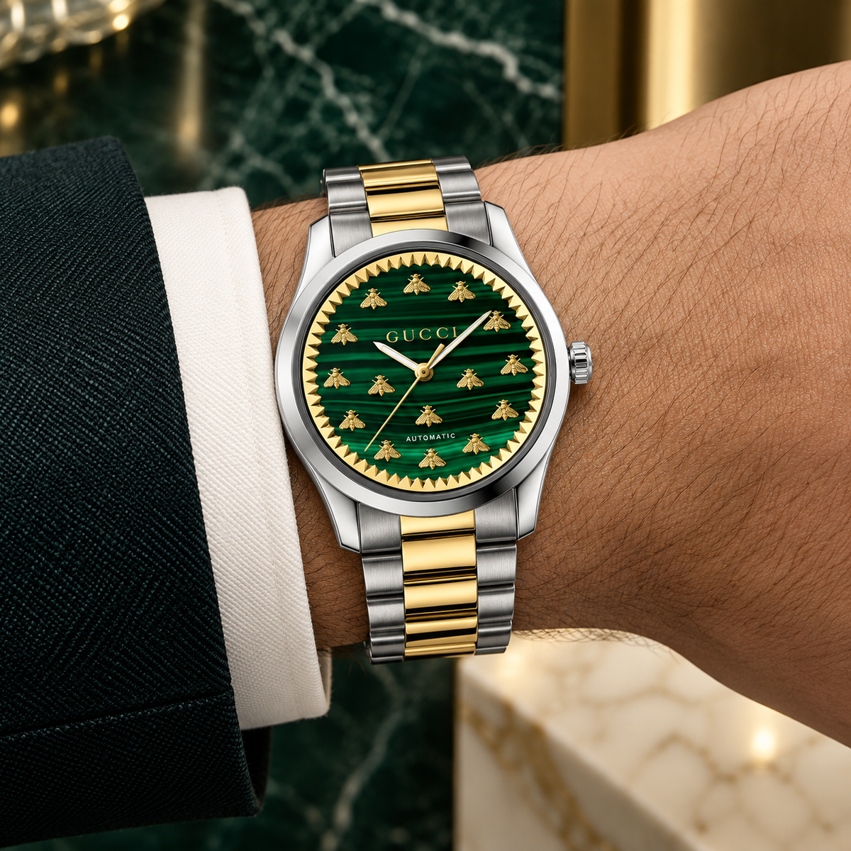 Gucci G-Timeless YA1264212 green malachite and 18K gold Multi-Bee watch lifestyle view