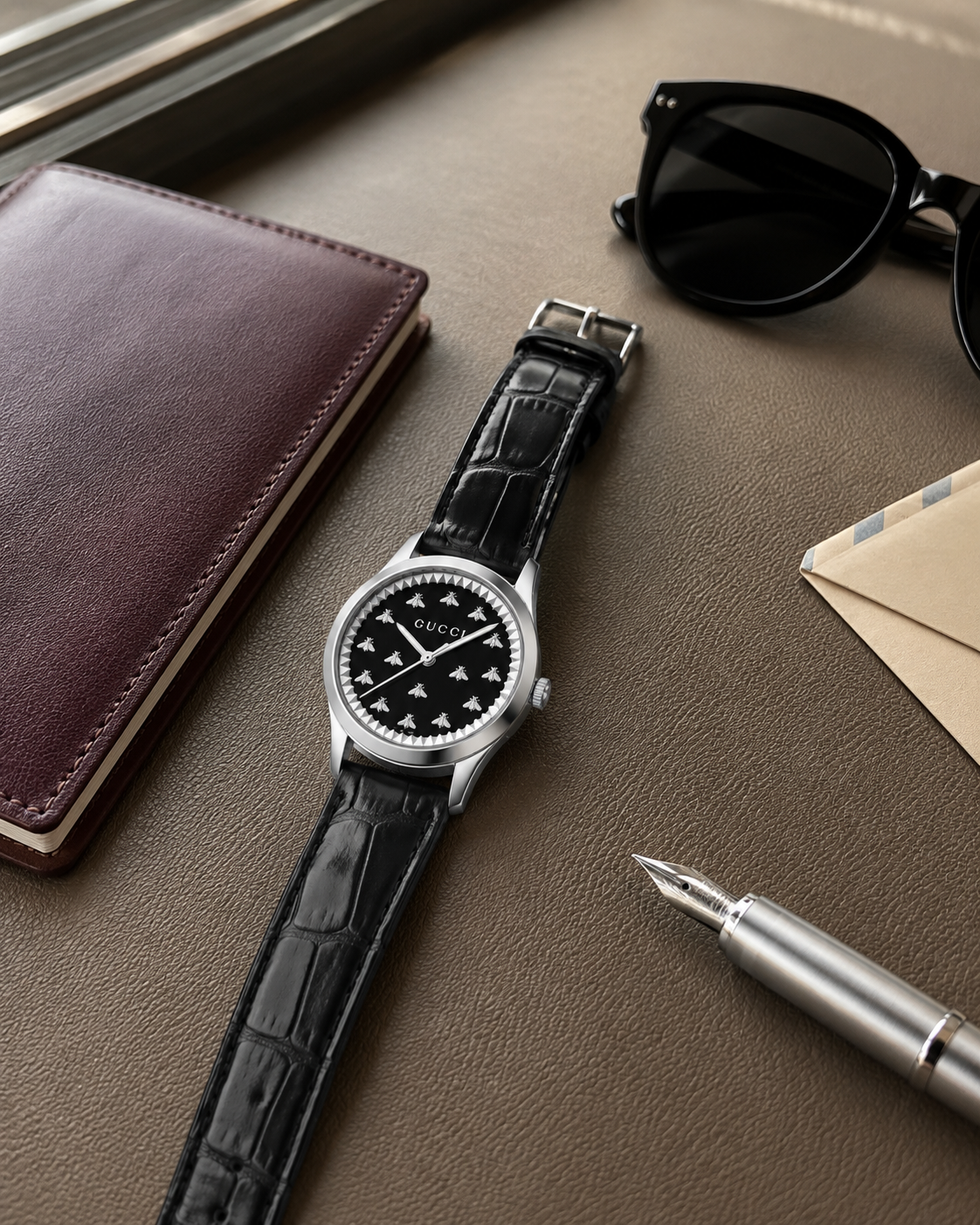 Gucci G-Timeless YA1265055 Swiss quartz watch in a refined travel flat lay
