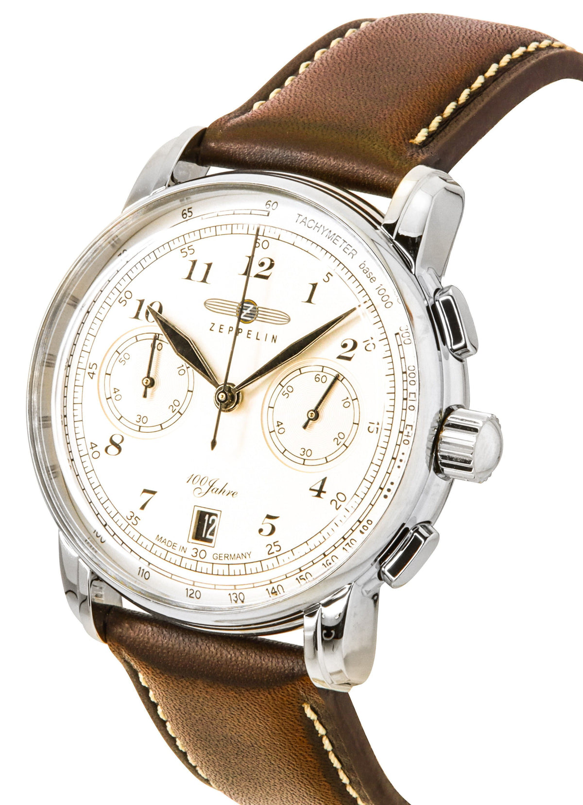 Zeppelin 100 Jahre chronograaf lederen band beige wijzerplaat quartz 76746 herenhorloge