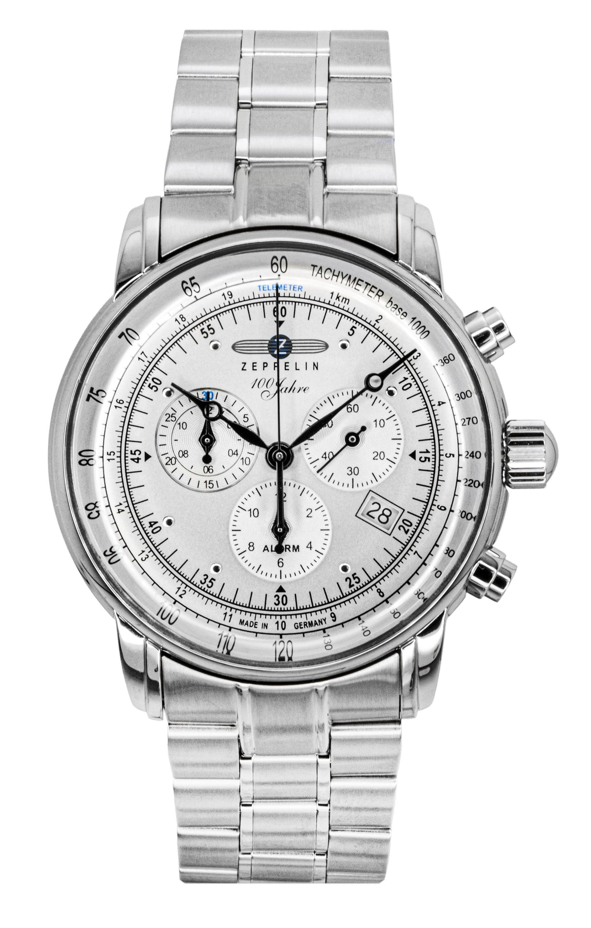 Zeppelin 100 Jahre chronograaf roestvrij staal witte wijzerplaat quartz 7680MB1 herenhorloge