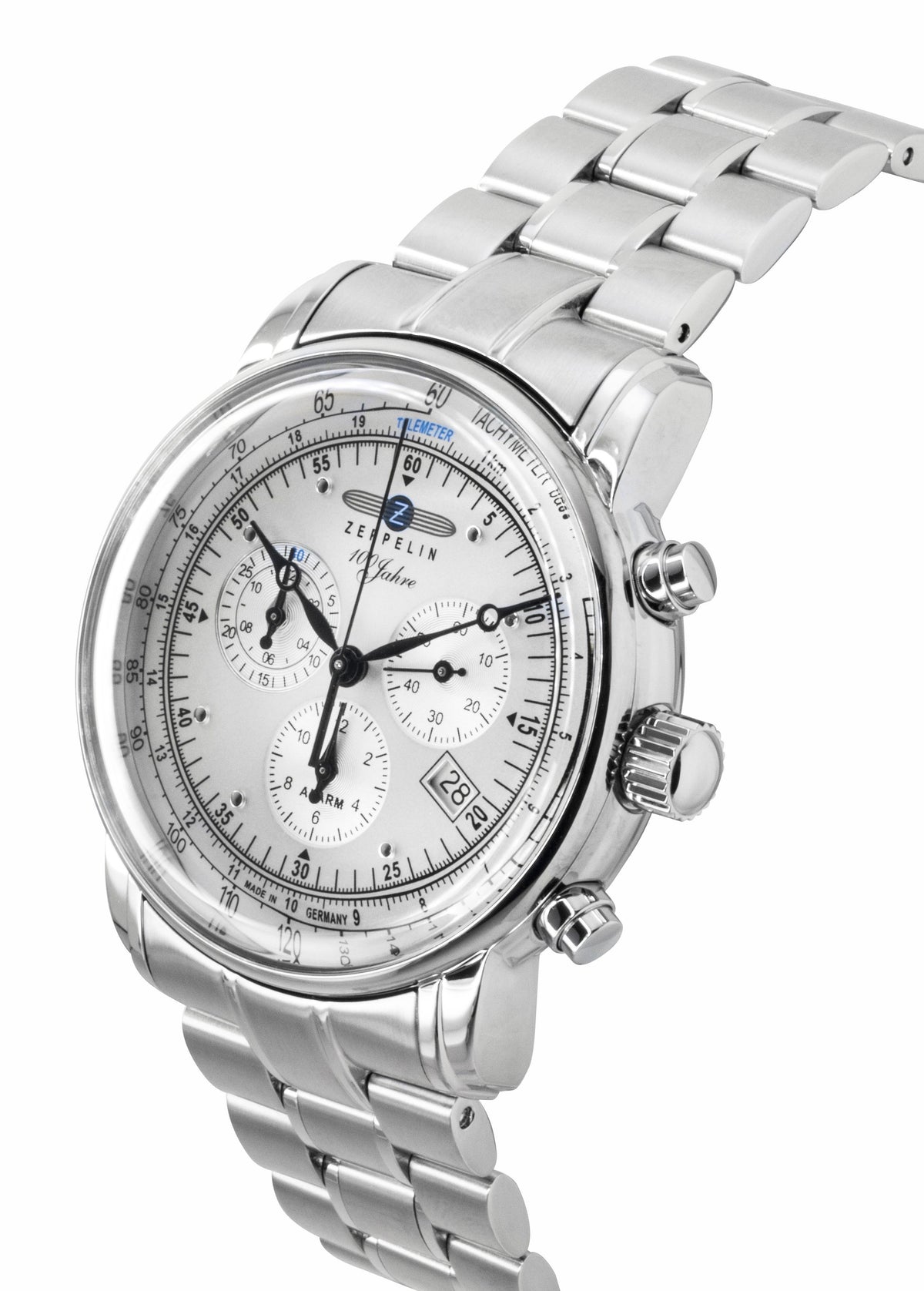 Zeppelin 100 Jahre chronograaf roestvrij staal witte wijzerplaat quartz 7680MB1 herenhorloge