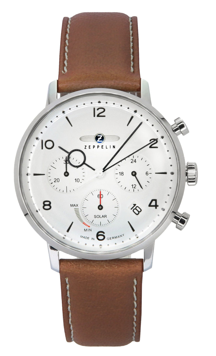 Zeppelin LZ129 Hindenburg Chronograph Herrenuhr mit braunem Lederarmband, beigem Zifferblatt und Solarfunktion 80865N