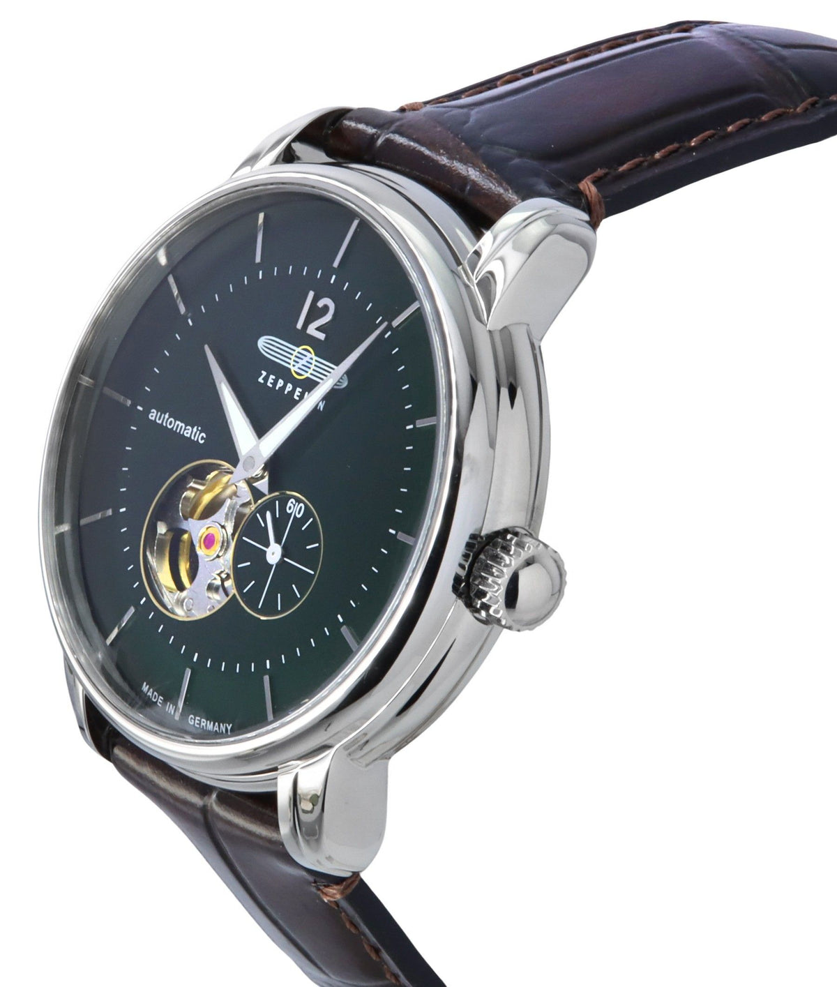 Zeppelin LZ 120 Bodensee Leather Strap Open Heart Green Dial Automatic 81664 Men's Watch