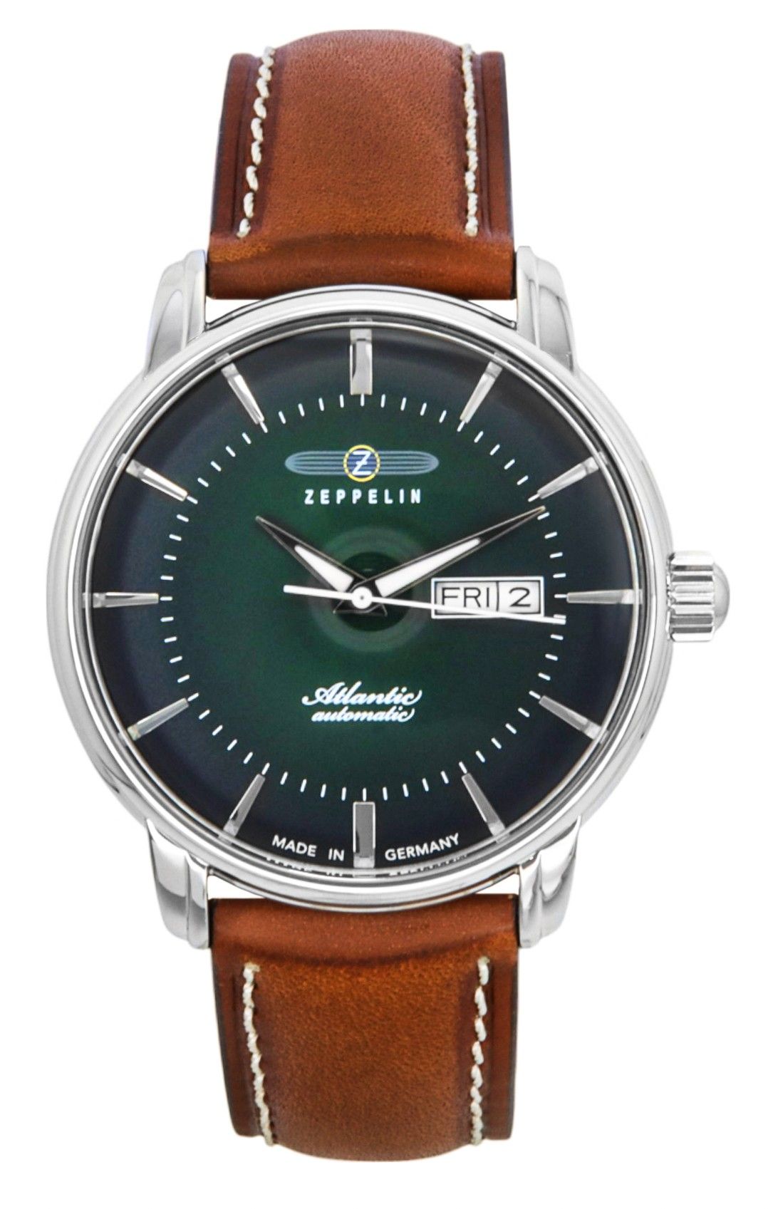 Zeppelin Atlantic bruin lederen band groene wijzerplaat automatisch 84664 herenhorloge
