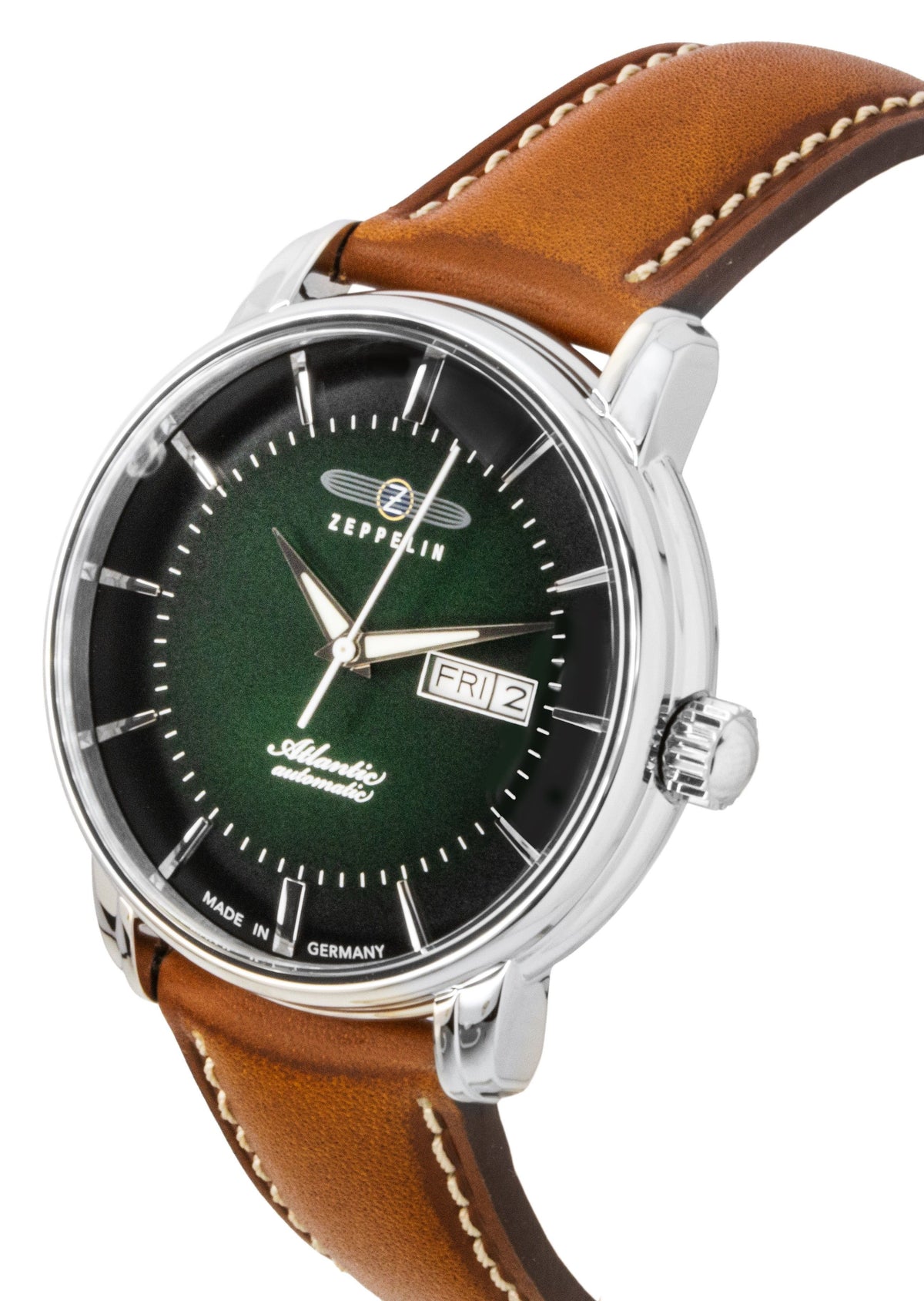 Zeppelin Atlantic bruin lederen band groene wijzerplaat automatisch 84664 herenhorloge