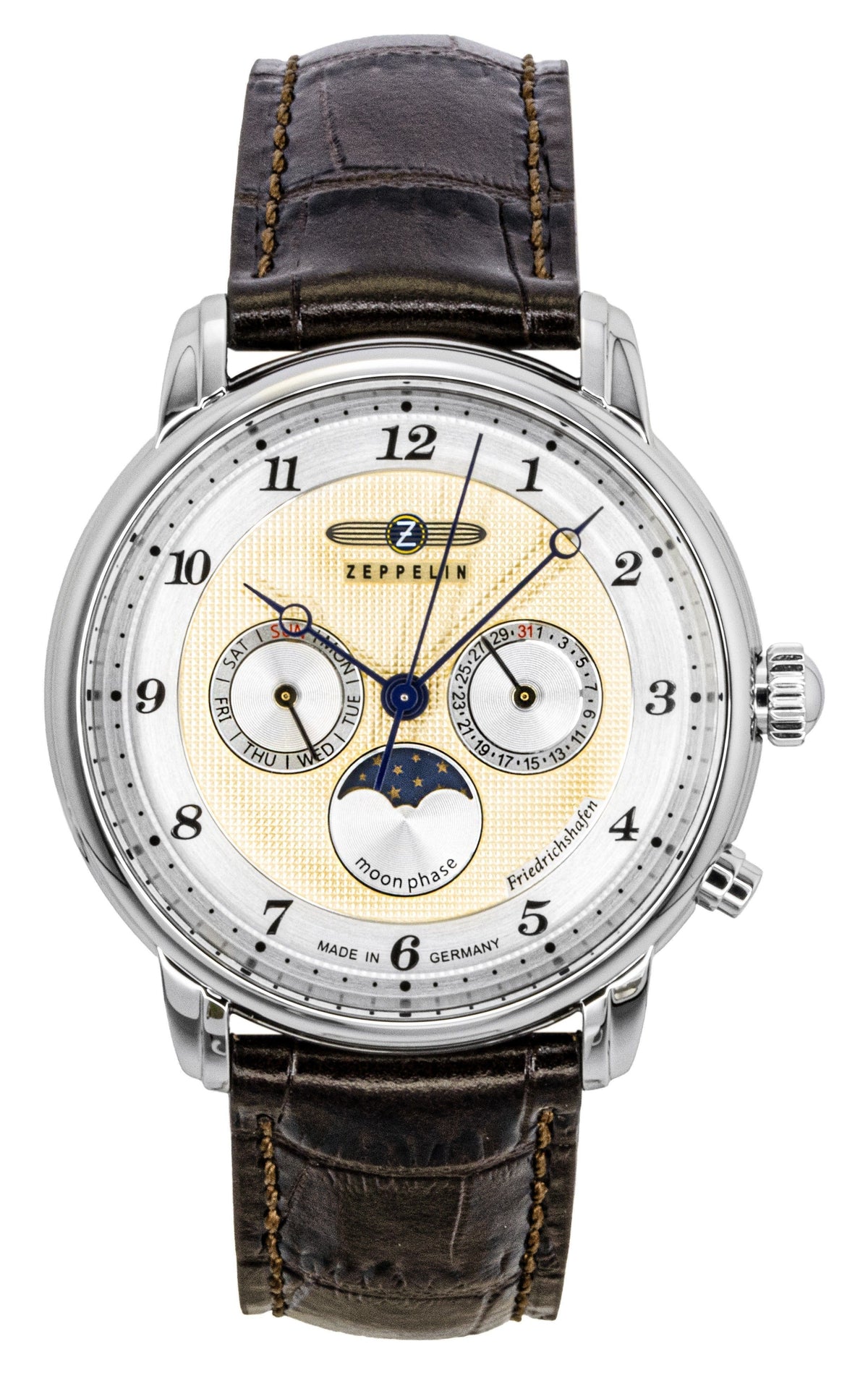 Zeppelin Friedrichshafen bruine leren band gouden wijzerplaat quartz 85365 herenhorloge