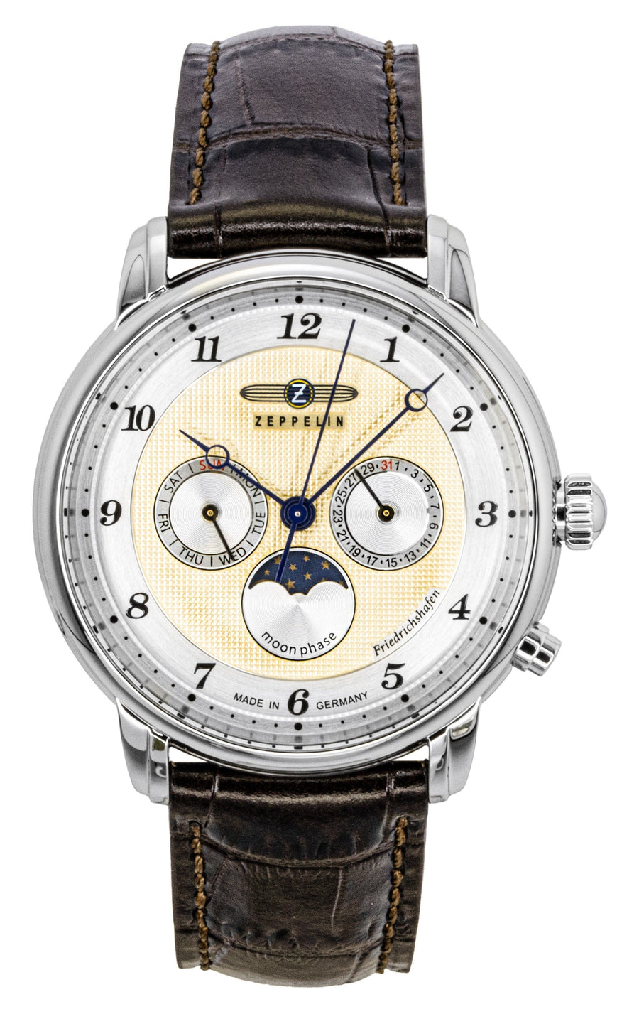 Zeppelin Friedrichshafen Braunes Lederarmband Goldenes Zifferblatt Quarz 85365 Herrenuhr
