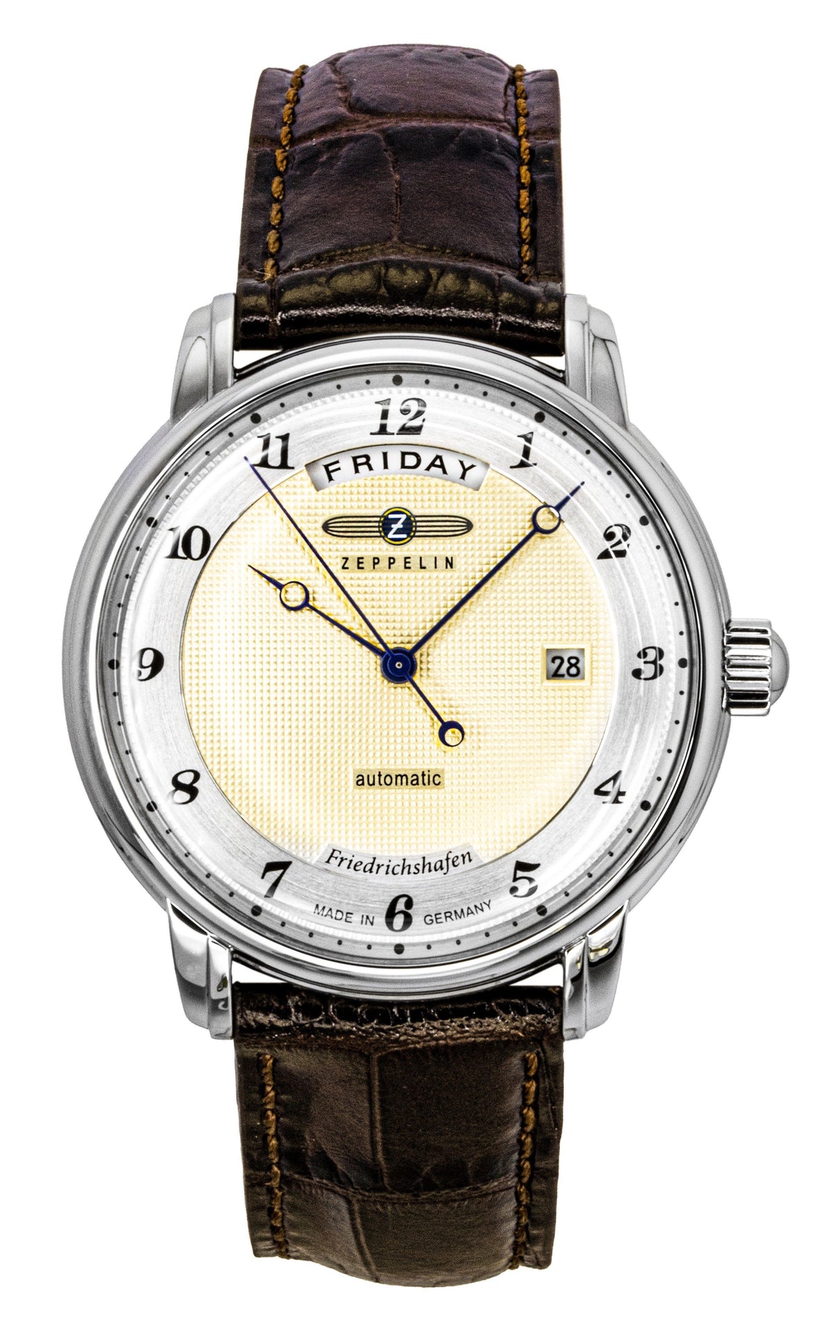 Zeppelin Friedrichshafen bruin lederen band gouden wijzerplaat automatisch 85625 herenhorloge
