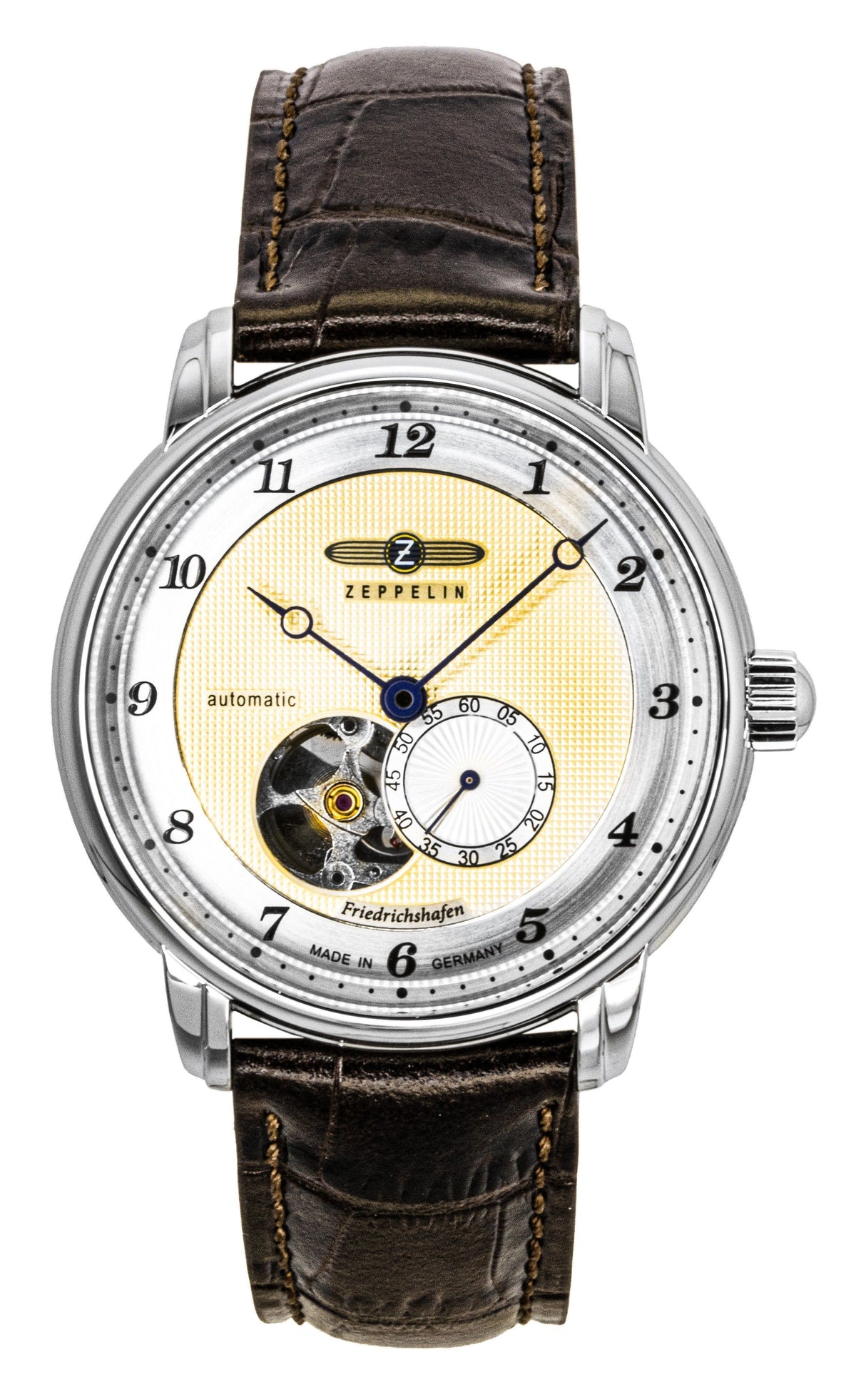 Zeppelin Friedrichshafe bruin lederen band open hart gouden wijzerplaat automatisch 85665 herenhorloge