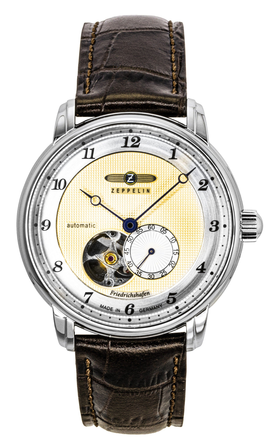 Zeppelin Friedrichshafen Braunes Lederarmband Offenes Herz Goldfarbenes Zifferblatt Automatikuhr 85665 Herrenuhr
