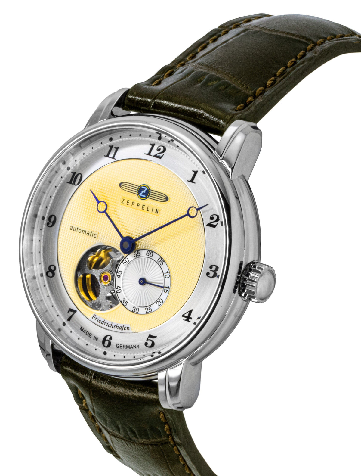 Zeppelin Friedrichshafe bruin lederen band open hart gouden wijzerplaat automatisch 85665 herenhorloge