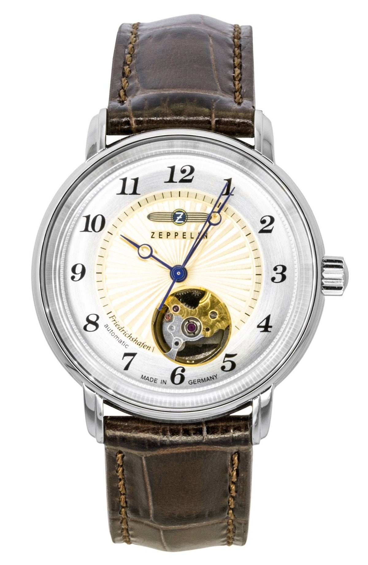 Orologio da donna automatico Zeppelin Friedrichshafen con cinturino in pelle, quadrante color oro e movimento a vista (Open Heart) 85675