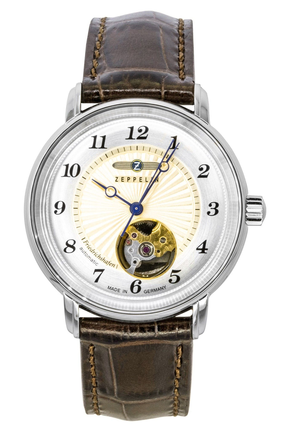 Zeppelin Friedrichshafen Lederarmband Open Heart Gold Zifferblatt Automatik 85675 Damen Armbanduhr