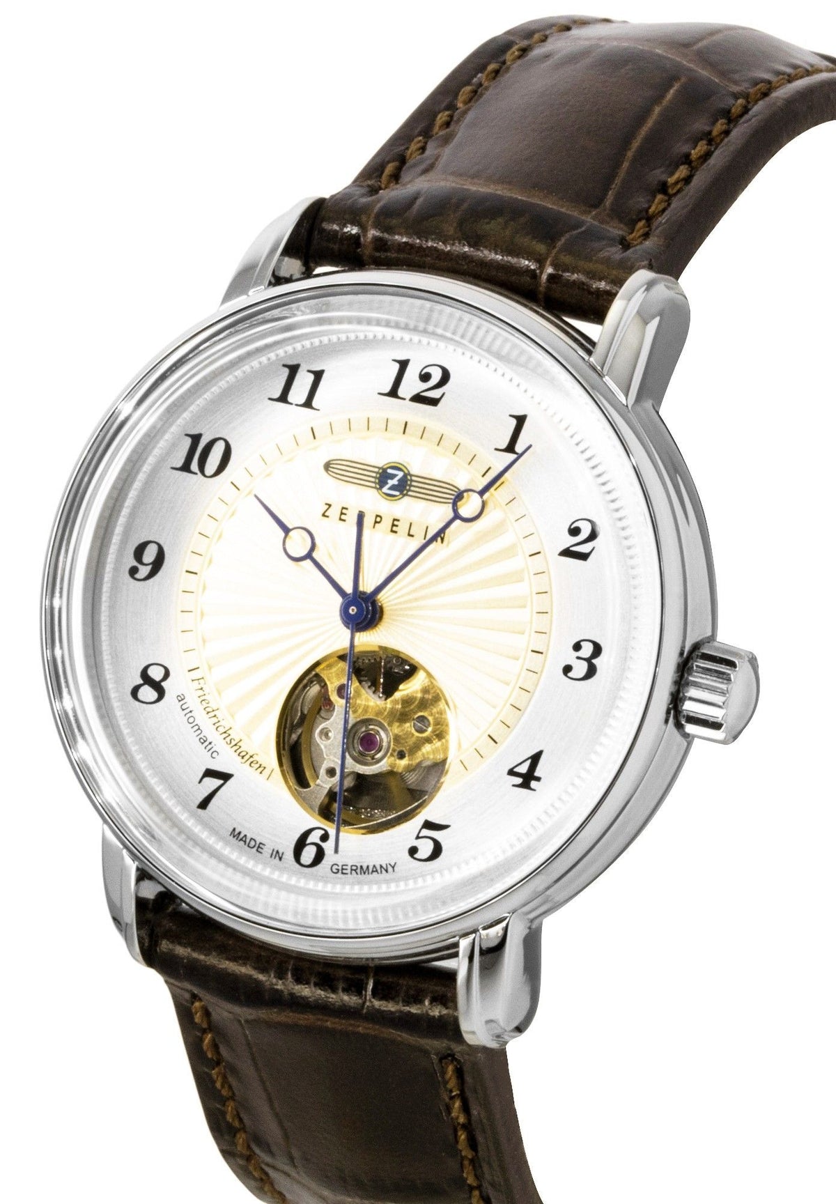 Orologio da donna automatico Zeppelin Friedrichshafen con cinturino in pelle, quadrante color oro e movimento a vista (Open Heart) 85675