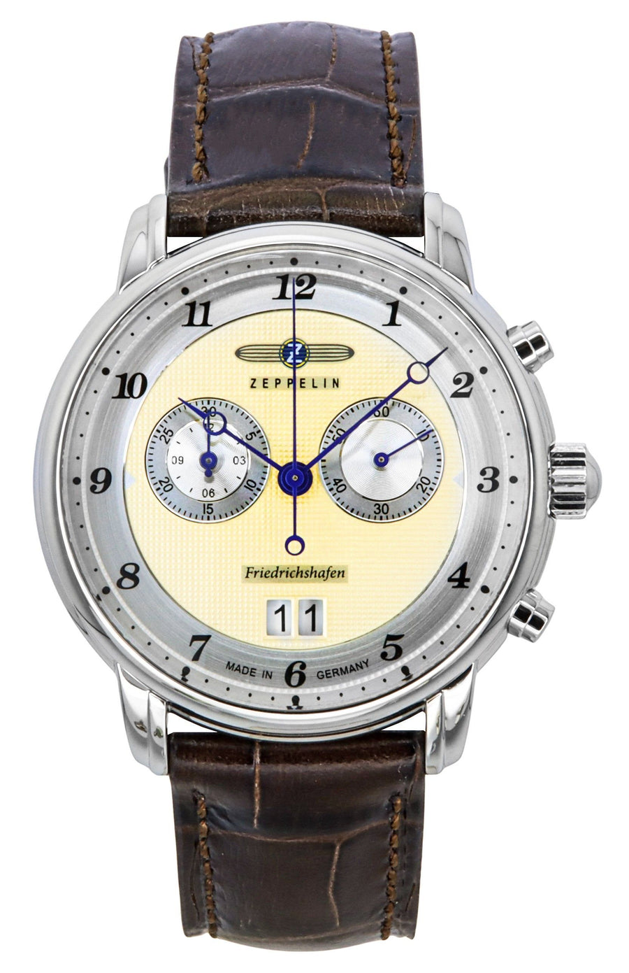 Zeppelin Friedrichshafen Chronograph Lederarmband Gold Zifferblatt Quarz 85845 Herrenuhr