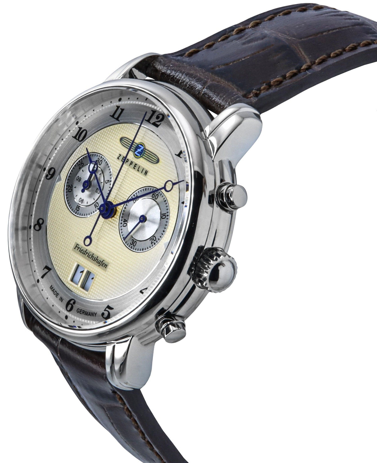 Zeppelin Friedrichshafen Chronograph Leather Strap Gold Dial Quartz 85845 Men's Watch