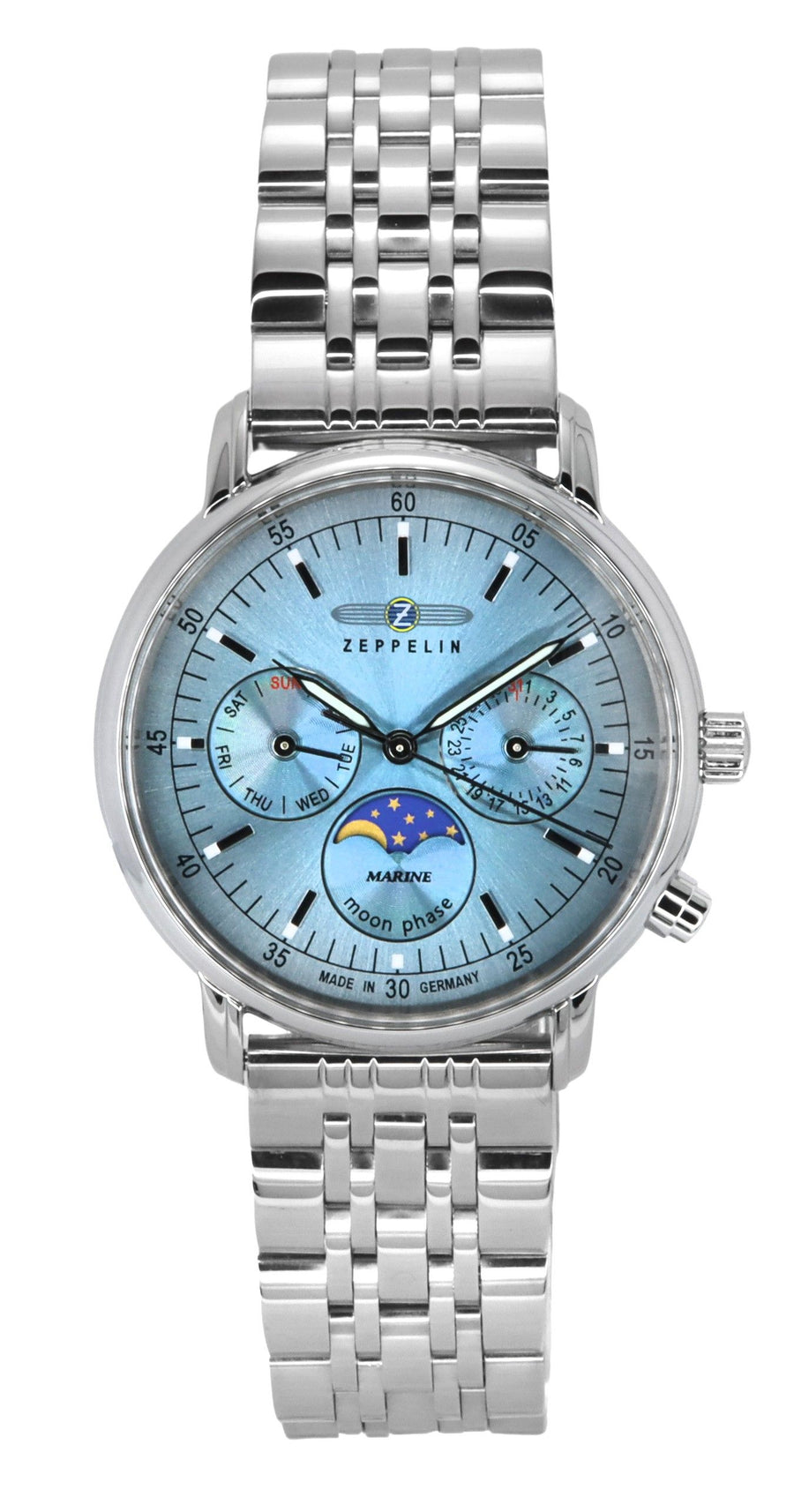 Zeppelin LZ14 Marine Moonphase Edelstahl Ice Blue Zifferblatt Quarz 8637M3 Damenuhr