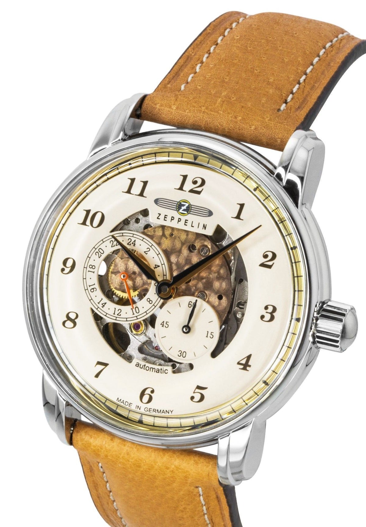 Orologio da uomo Zeppelin Captain's Line, automatico, cinturino in pelle beige, quadrante scheletrato, 86585