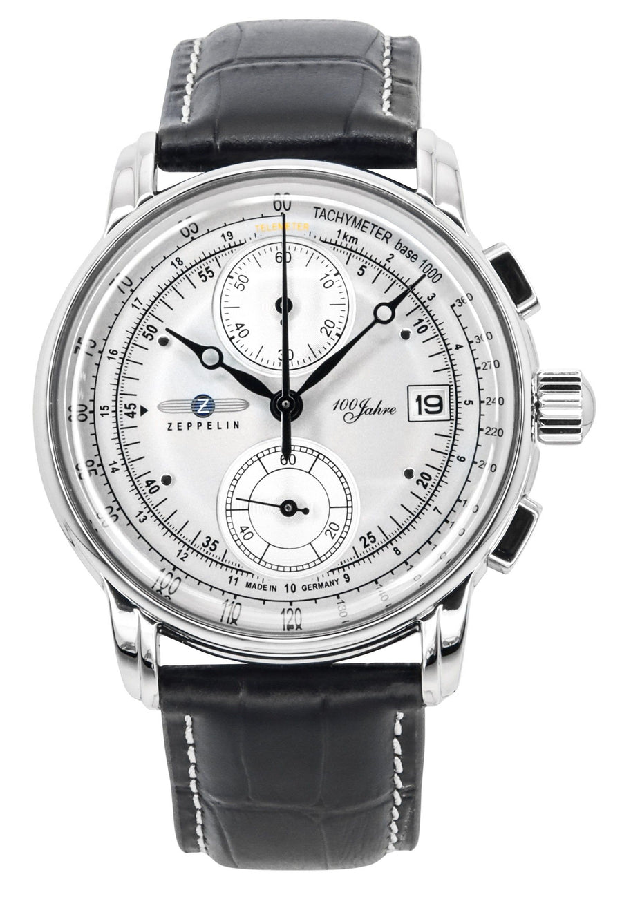 Zeppelin 100 Jahre Chronograph Lederarmband Silbernes Zifferblatt Quarz 86701 Herrenuhr