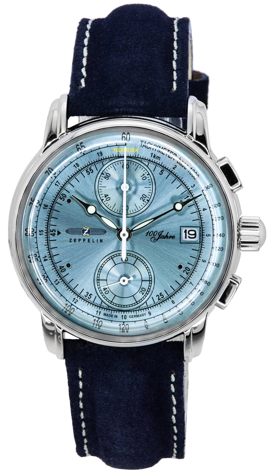 Zeppelin 100 Jahre Chronograph Lederarmband Eisblaues Zifferblatt Quarz 86704 Herrenuhr