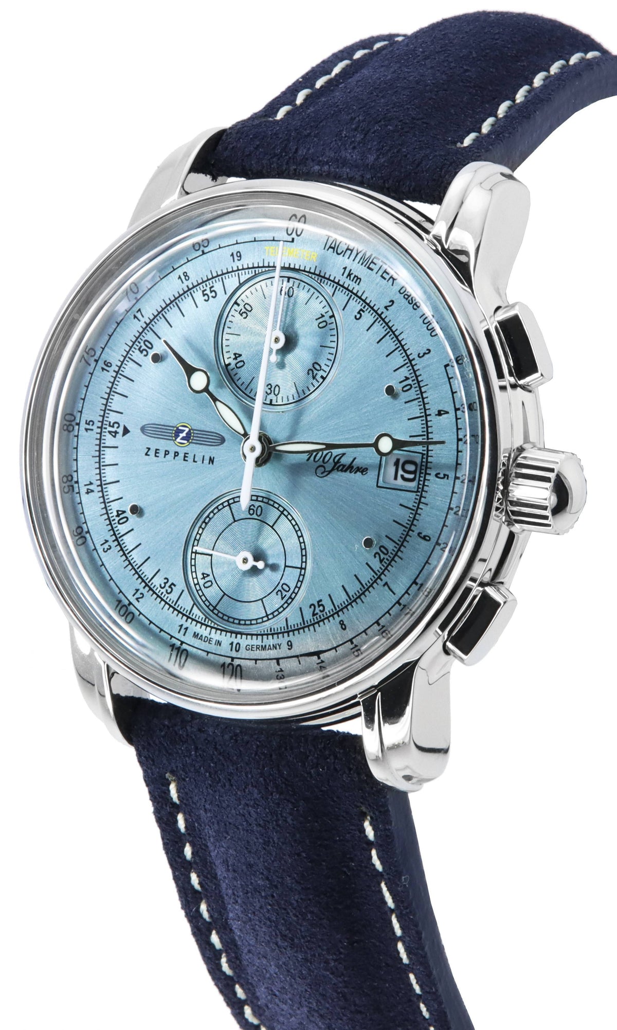 Zeppelin 100 Jahre Chronograph Leather Strap Ice Blue Dial Quartz 86704 Men's Watch