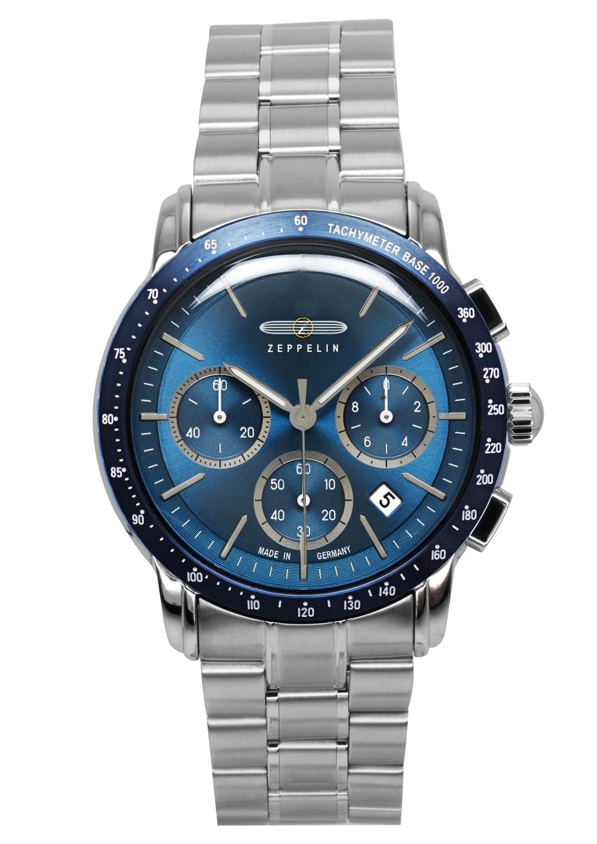 Zeppelin New York chronograaf roestvrij staal blauwe wijzerplaat quartz 8878MB3 herenhorloge