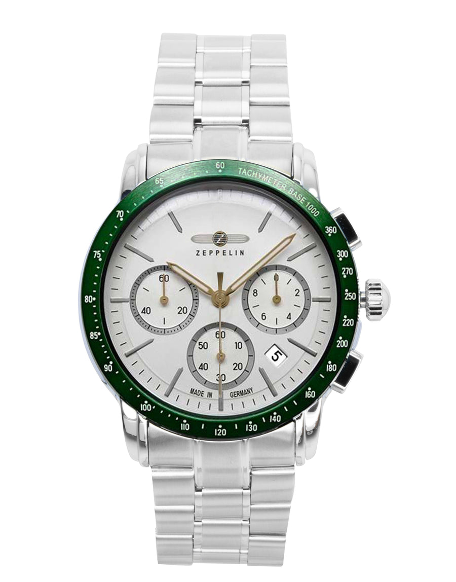 Zeppelin New York Chronograph Herrenuhr Quarz 8878MB4 aus Edelstahl mit weißem Zifferblatt