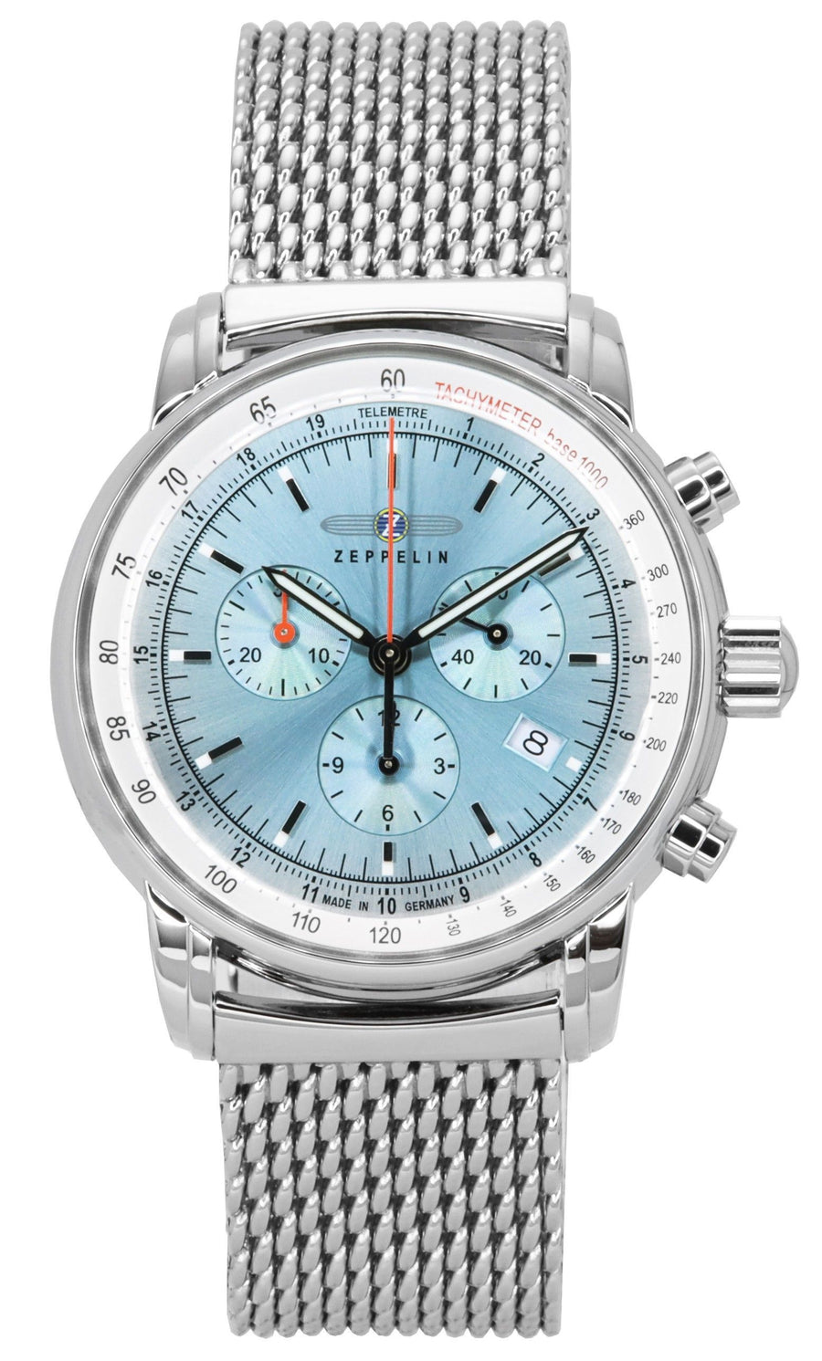 Zeppelin LZ14 Marine Chronograph Edelstahl Eisblaues Zifferblatt Quarz 8886M3 Herrenuhr