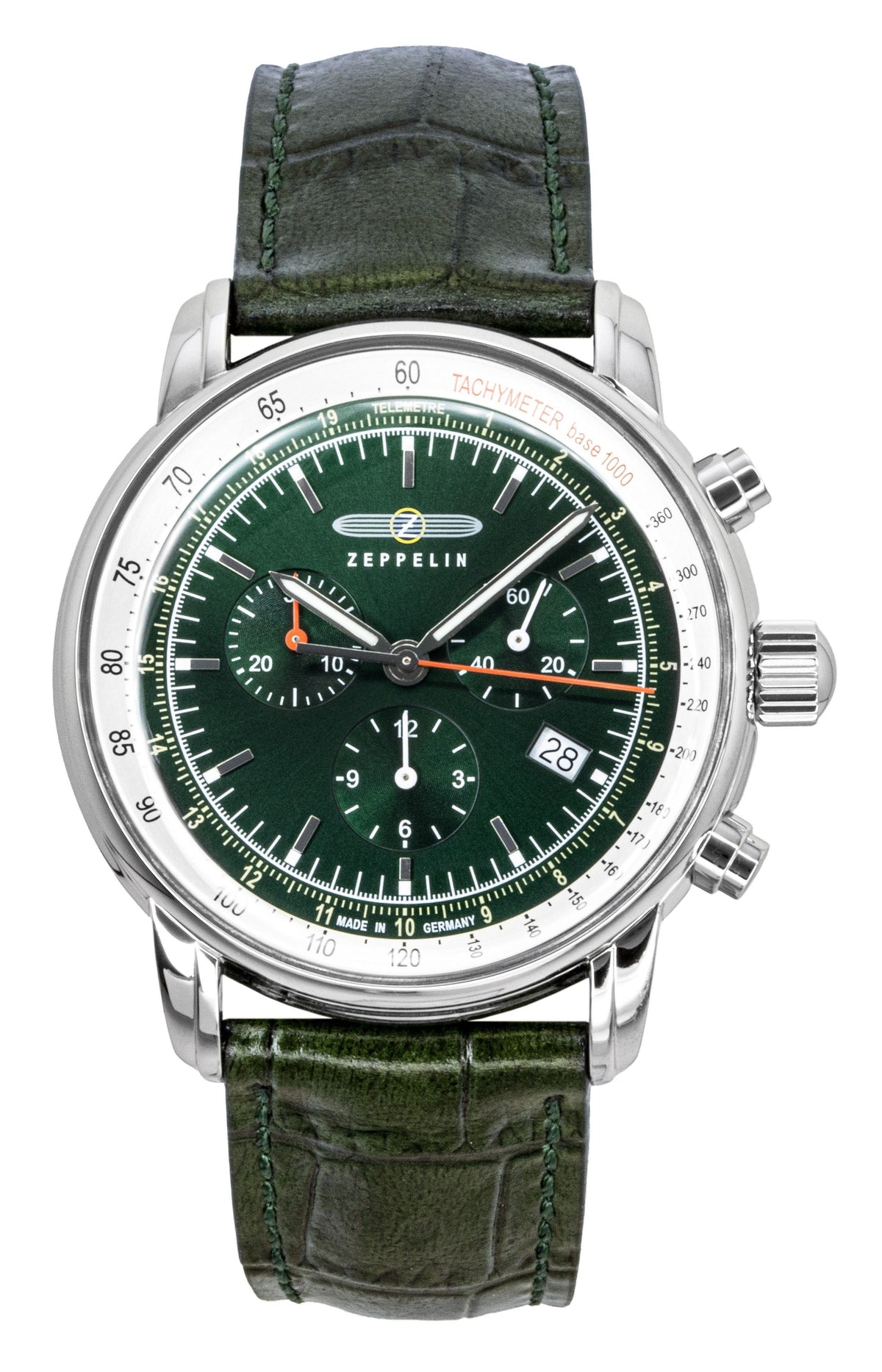 Zeppelin LZ 14 Marine chronograaf lederen band groene wijzerplaat quartz 88884 herenhorloge