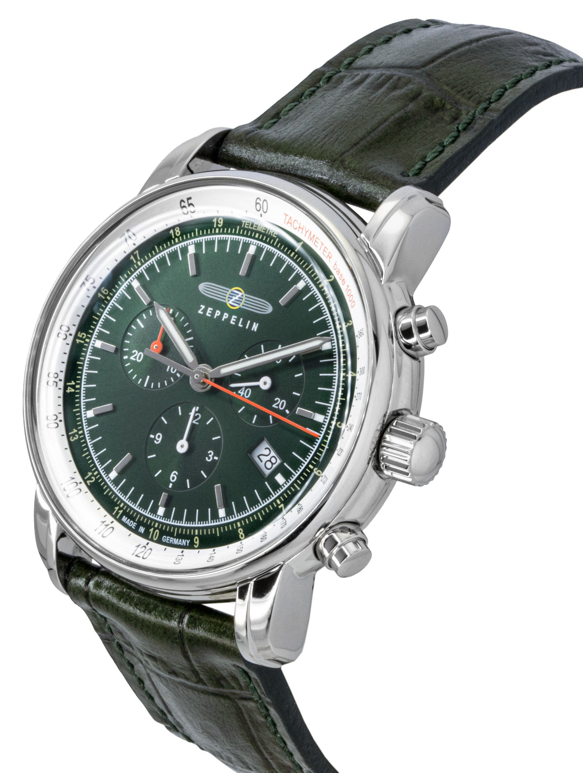 Zeppelin LZ 14 Marine chronograaf lederen band groene wijzerplaat quartz 88884 herenhorloge