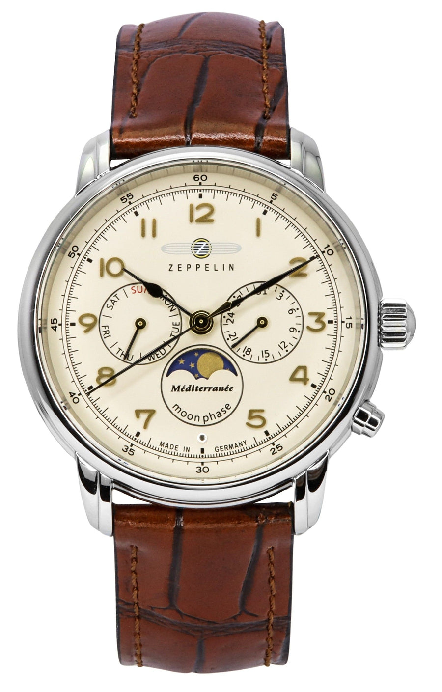 Zeppelin Mediterranean Moon Phase Lederarmband Beige Zifferblatt Quarz 96365 Herrenuhr